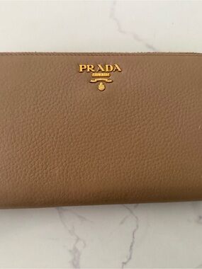 Prada Tan Leather Continental Wallet with Gold Logo Hardware